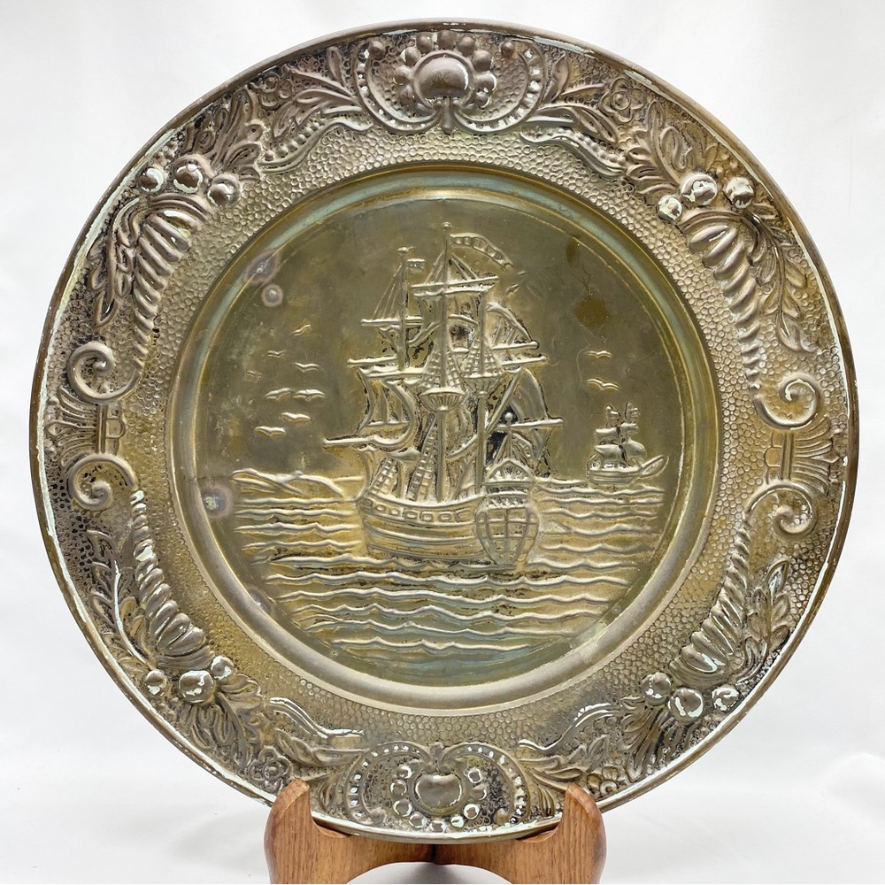 Vintage Brass Ship Plate Repousse Artistic Plate Schooner Sailing The High Seas